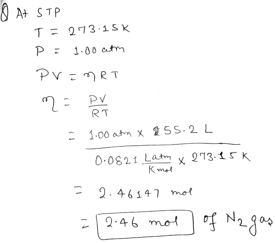 8 At STP TE 273.15K P = 1.00 atm Рүстет m = pur 1 1.00 atm x 255.2 L 0.0821 Latm x 273.15K 1 Kmol = 2.46147 mol = 12:46 mol o