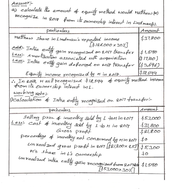 Leas Intra Answer! a) Calculate the amount of equity method would Matthew (M) recognize in 2018 from its ownership interest i