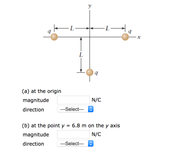 9 9 20 9 (a) at the origin magnitude direction N/C Select (b) at the point y6.8 m on the y axis magnitude direction N/C Select---