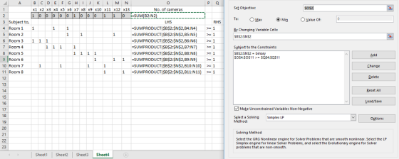 x1 x2 x3 x4 x5 x6 X7 x8 x9 x10 x11 x12 x13 No. of cameras Set Objective 1 |0 |0 |0 |0 |0 |1 |0 |0 |0 1 1 10 i:SUM(82-2 RHSTo: