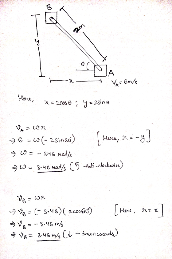 B 2m Ч VA= 6m/s Here, x = 2(oso , y = zsine JA A = Wor 76 = 6 (-2Sin 60) Here, r= w = -- 3.46 radís * W = 3-46 rad/s (5 Anti-