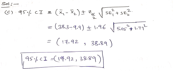 Sol: (X-X) I Z 2, (©95% CI - SE? + SE² =(38.3-9.9) + 1.96 5.05 +1.772 (17.92 9 38.89) 95.6.CI =(19-92, 38-89)