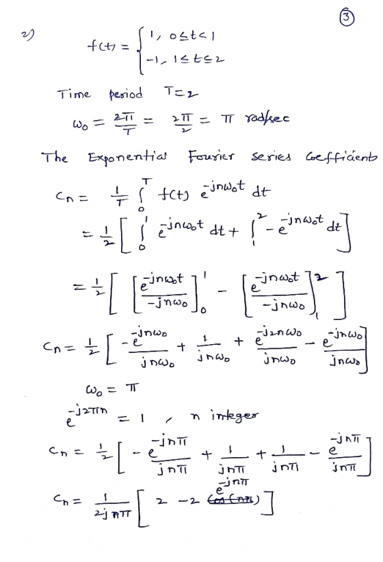 ostal fit = 1 listea Time period T=2 Wo = 2 = 1 = TT rodfec The Exponential Fourier series Gefficient cn= + Š tct) e inwot at