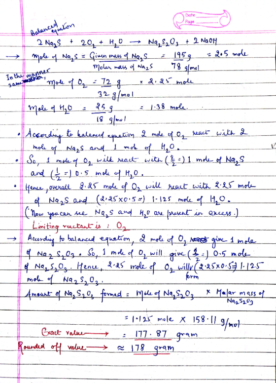 Balanced seation In the manner , sama 2 Nags + 204 + H2O → Nq, $203 + 2 NAOH mole of Nas - Given mass of NagS & 1959 2.5 mole