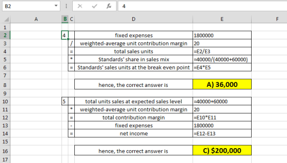 B2 ABC fixed expenses 1800000 1/ weighted average unit contribution margin 20 total sales units =E2/E3 Standards share in sa