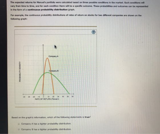 The expected returns for Manuels portfolio were calculated based on three possible conditions in the market. Such conditions