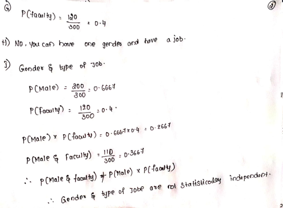 Q P faculty) = 180 04 000 <0.4 4) NO, you can have one gender and her Gonder & type of job. PCMale) - 200 : 0.6667 3000 PCfac