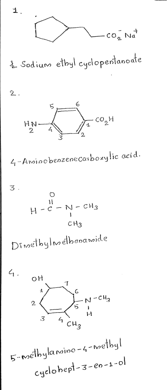 - coa Na + 1. Sodiums etbyl cyclopentanoate 2. 5 HN- 2 CO₂H 4 2 3 4 --Aminobenzenecarboxylic acid. 3. 0 11 H-C N-CH3 CH₃ Dime