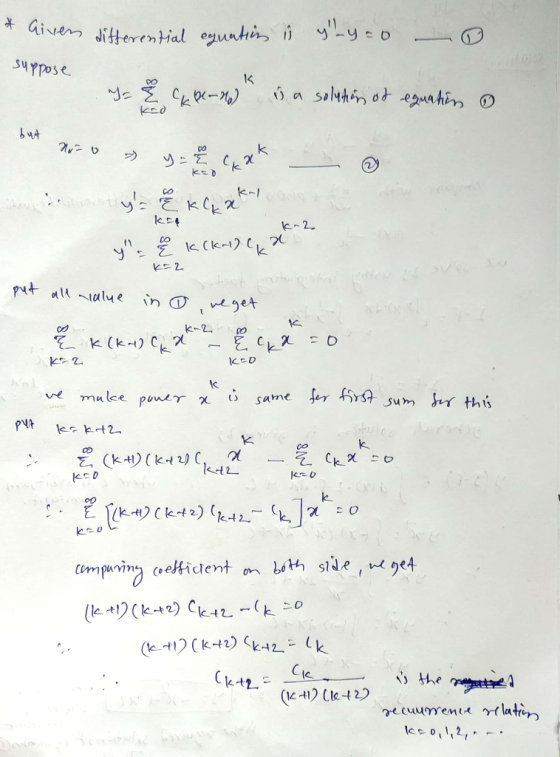 * Given differential equation is ylly=0 suppose y capen is a solution of equation & but DO (kxk CO E KW KA K-2 y= { K (K-1)