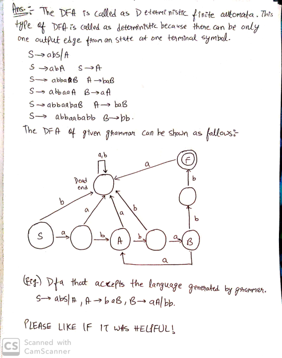 g Ans i The DFA is called as Deterministic finite alltomata. This type of Def is called as deterministic because there can be