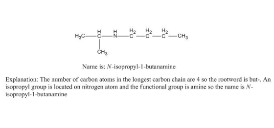 CH3 Name is: N-isopropyl-1-butanamine Explanation: The number of carbon atoms in the longest carbon chain are 4 so the rootwo