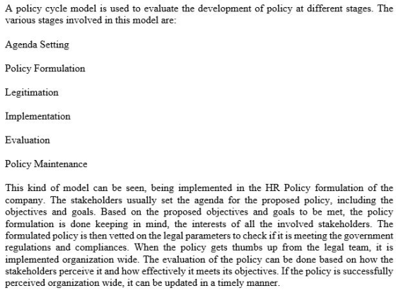 A policy cycle model is used to evaluate the development of policy at different stages. The various stages involved in this m