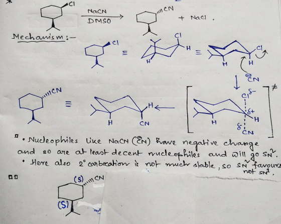 CI NacN illen DMSO + Nad Mechanism Cl cl H = H 1 EN # MICN od H S+ Н H CN H SEN CN ve change Nucleophiles like NaCM (EN) have
