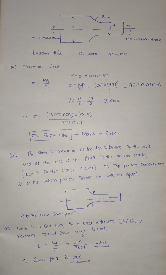 -13mm. M2 2,250,0 OON mos M2,250,000N-mm t=25mm thick. Dz 100mm, d=77mm. (a) Maximum Stress M = 2,250,000 N-mm. I s belle = (