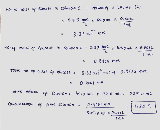 NO. Of moles of Glucose in solumon 1 = Moloriry x volume (L) = 0.513 mol x 6500 ml x 0.001L Iml = 3.33 x10² moe • NO of molus