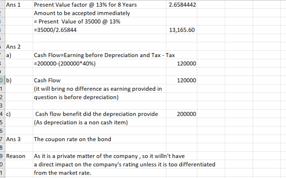 Ans 1 2.6584442 Present Value factor @ 13% for 8 Years Amount to be accepted immediately = Present Value of 35000 @ 13% =3500