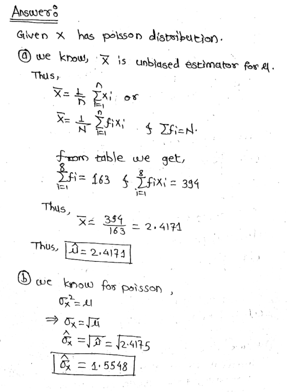 Ansues o Given x has polsson distoibution ⓓwe know 又is unbiased estimatore。 m table uwe get, Thus 1632.4174 Thus, - 2,4124