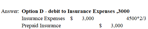 Answer: Option D - debit to Insurance Expenses ,3000 Insurance Expenses $ 3,000 4500*2/3 Prepaid Insurance $ 3,000