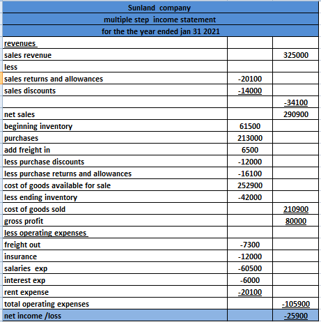 Sunland company multiple step income statement for the the year ended jan 31 2021 revenues sales revenue less 325000 sales re