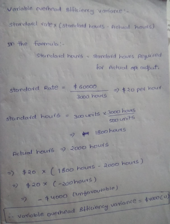 Vanable overhead elficiency vorrance : - standard ratex (standard hours - Actual hours) in the formula:- Standard hours - Sta