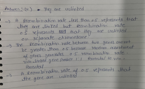 Answer & (u) . They are unlinked - • O Recombination rate less thom os represents that they are linked but recombination rate
