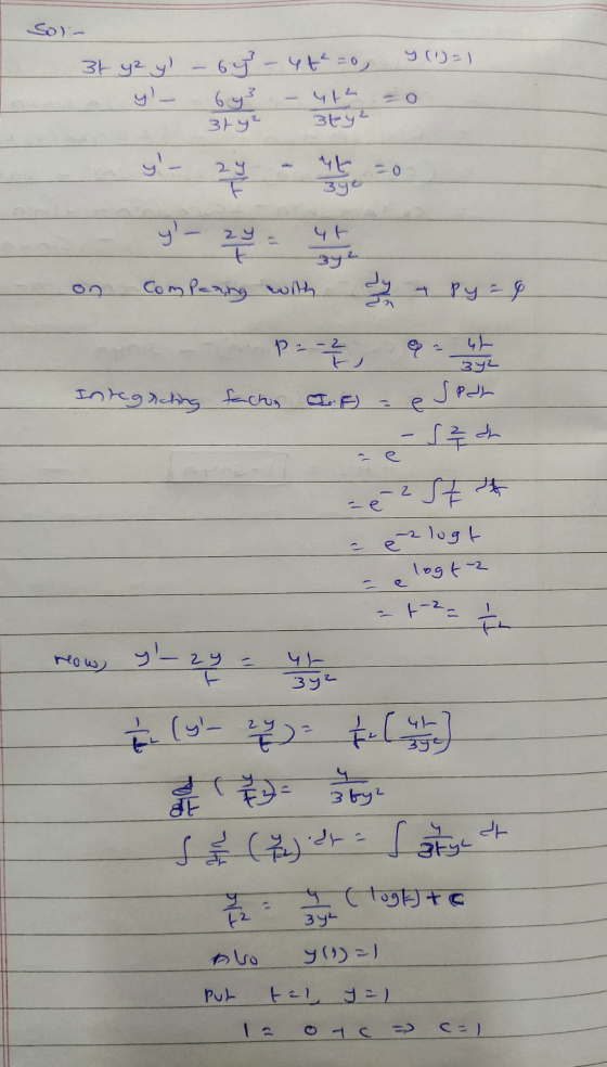 S y의 3y -62-H= - 69 나 3y 39 - 35 바 2년 Comparing with y=오 - 2 른 3멍드 Integrating factor e Sadh S른다 2 e logt logt t2 e 른 고 가브 ro