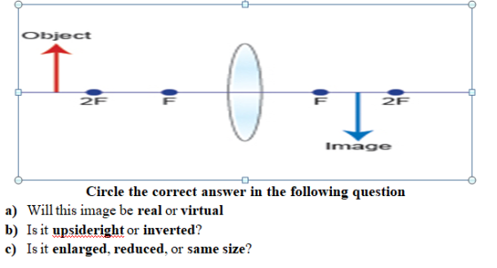 Object Ind I ZF 2F Image Circle the correct answer in the following question a) Will this image be real or virtual b) Is it u