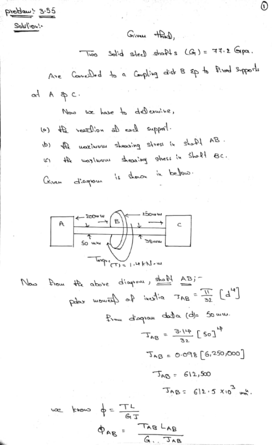 Probaw 3.55 Solutiou! Solid sleel shaft s (G) = 31.2 Gpa. Too pto Sppor 8 P Campling Coveod to Ave aA C e have t ddenuine, No