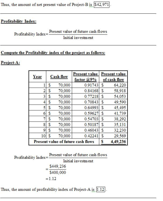 Thus, the amount of net present value of Project-B is $42,971 Profitability Index: Profitability Index- Present value of futu