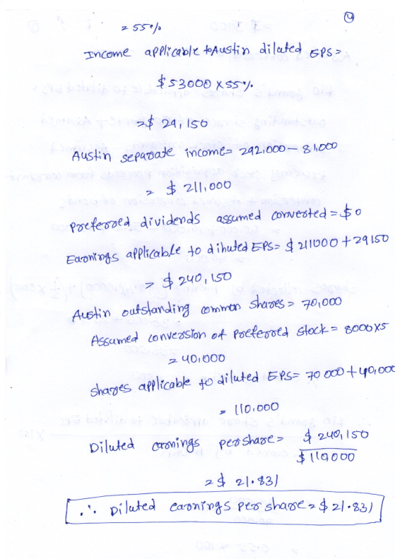 255% Income applicable to Austin dilated EPS= $s 2006 Assy. TH$ 29,150 Austin sepasate income= 292,000 - 81000 $ 211,000 pref