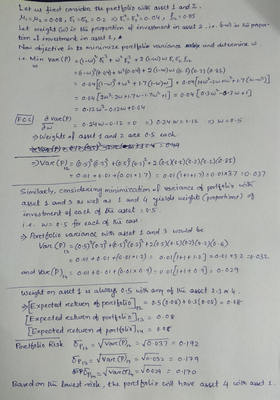 w Let us firest consider the portfolio with asset 1 and 2. 4 = 42 = 0.08, 6, = 02 = 0.2 = 8,2 = 67 -0.04, Piz= 0.85 het weigh
