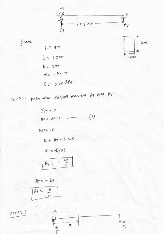 M B 2=4.0m By AY given 2m L = ym b = 1.2m 1.2m h = 2m M = I KNim E= 200 Gpa Step!! Defemine support realhom Ay and By Eff=0 -