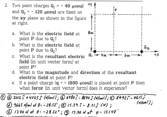 2. Two point charges Q1--+ 40 μcou! and Q2-120 μcoul are fixed on the xy plane as shown in the figure at right a. What is the electric field at 8nm point P due to Q,? point P due to 02? field in unit vector form) at b. What is the electric field at c. What is the resultant electric G, 14-4m→一一6m_→ d. What is the magnitude and direction of the resultant e. If a point charge (q-+ 1800 μcoul) is placed at point P then 2 point P? electric field at point P? what force (in unit vector form) does it experience? (v/lkl);
