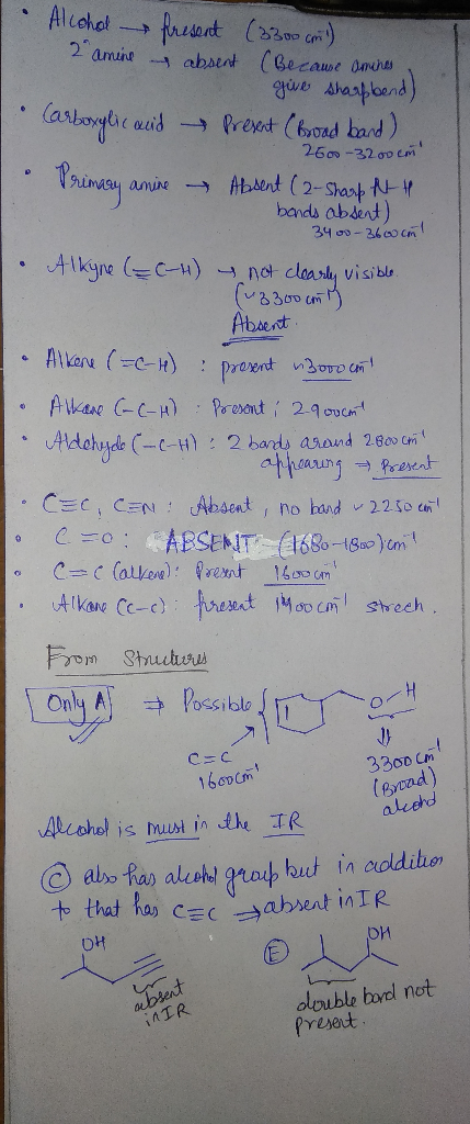 Alcohol present (2300 cm) 2 amine as absent (Because amines R give sharp bend) • Carboxylic and present (broad band) 2600-320