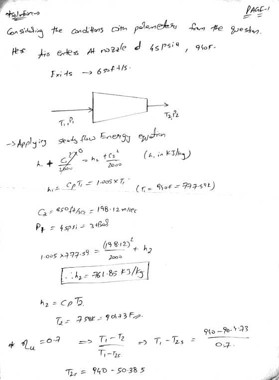 stsolution: PAGE-1 Considering the conditions with parenters from the questen He or dio enters At nozzle ad aspsia 940F- / Ex