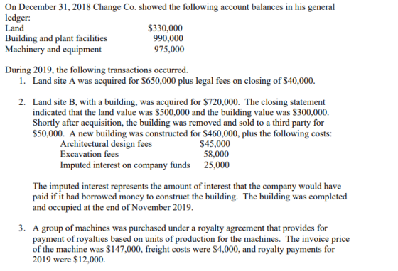 On December 31, 2018 Change Co. showed the following account balances in his general ledger: Land $330,000 Building and plant
