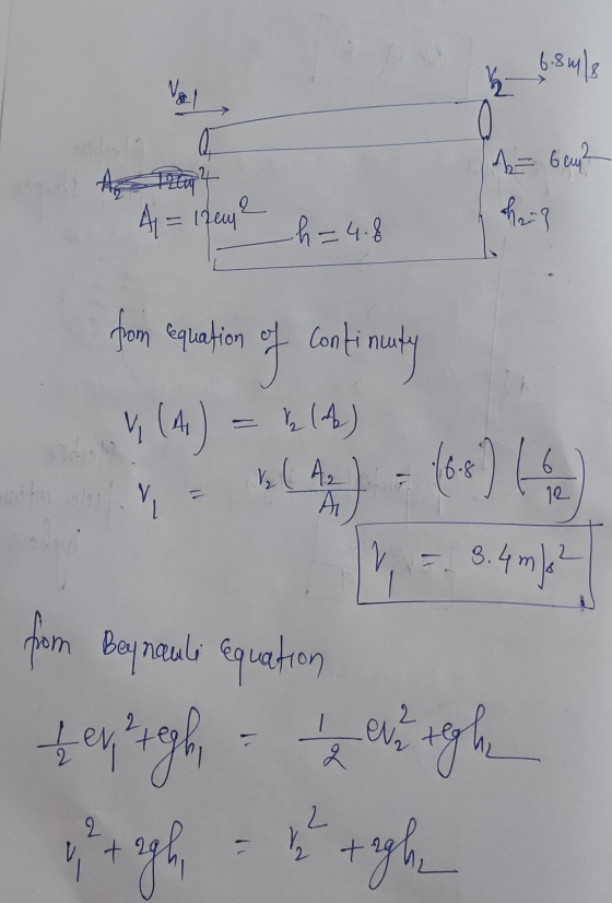 6.8 m/s Val A = 6 ay Them 4 = - lzen h=4.8 from equation of Continuty y (4) = b (4) V₂ (A2 Y(4) - 16:24 V = 3.4 m/s² from Bey