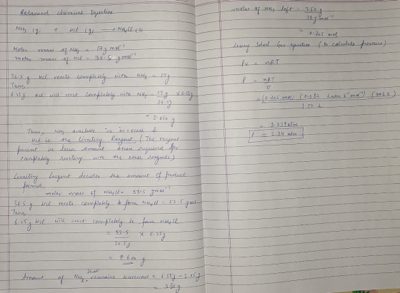 Balanced chemical Equation moles of NH3 left = 3.50 g 17g molt NH3 Lg & Hi (g - Nhyll & = 0.205 mol using Idel Gas equation (