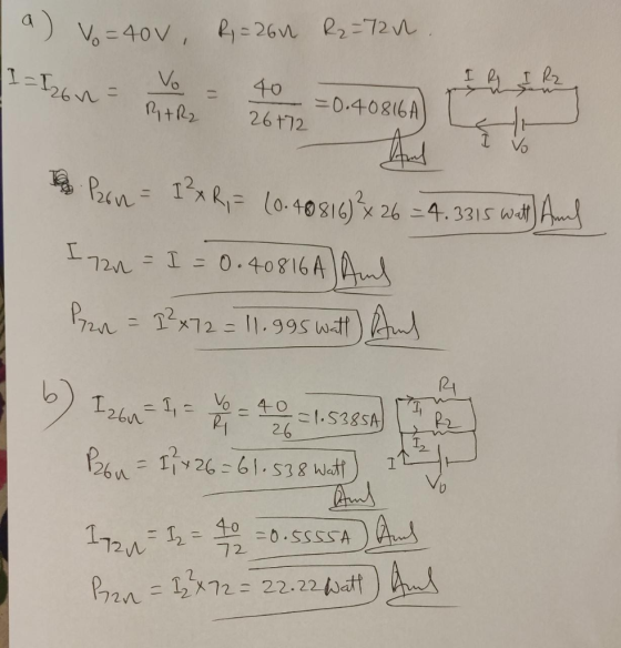 a) vo=40V, R=261 R2 = 72 I = I26n IR To = 40 =0.40816A) Ľ B + R2 26+72 Pon = 1²x R, = (0.48816) 26 = 4.3315 Watt) Anul I 120