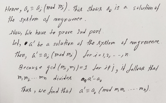 Hence, a= a; (mod mi). This shows ao is a solution of the system of congruence. Now, we have to prove and part. let, va be a