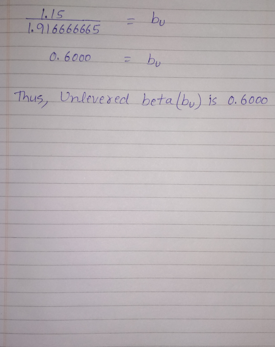 1.15 1.916666665 bu O. 6000 bu Thus, Unlevered betalbu) is 0.6000