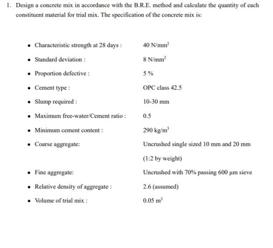 1. Design a concrete mix in accordance with the B.R.E. method and calculate the quantity of each constituent material for tri
