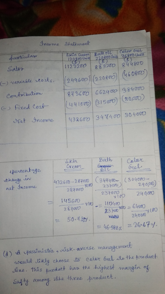 Income Statement farticular Skin Cream Bath oil Color Gel 1248v Uni220800 Und 76800 Unis 13 Sales (-) variable costs, Contrib