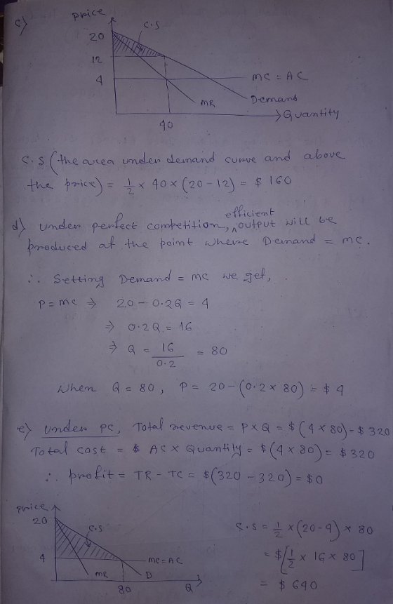 price 20 me=AC MR Demand Quantity 40 c.s (the area under demand curve and above the price) = ₂ x 40 x (20 - 12) = $160. effic