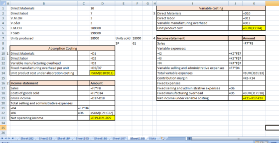 А B с D E F K 1 10 2 Direct Materials Direct labot V.M.OH G H Variable costing 3 Direct Materials Direct labor Variable manuf
