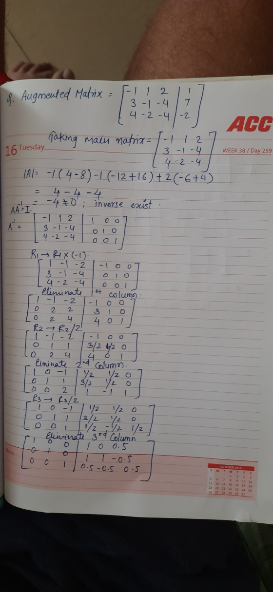 d. Augmented Matrix 1 1 2 3-1-4 7 4-2-4-2 ACC 16 Tuesday WEEK 38 / Day 259 Taking main matrix = 11 12 3-1-4 4-2 -2 - 4 Ale -|