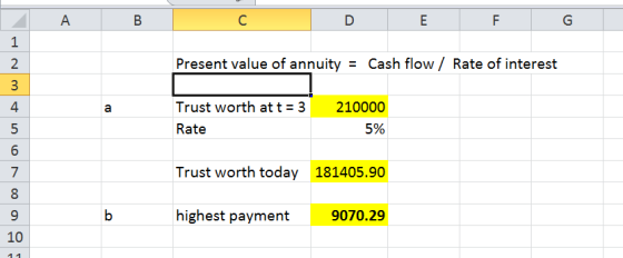 B DE 1 Present value of annuity = Cash flow / Rate of interest Trust worth at t= 3 Rate 210000 5% mooo Trust worth today 1814