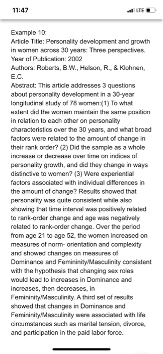 11:47 + LED Example 10: Article Title: Personality development and growth in women across 30 years: Three perspectives. Year