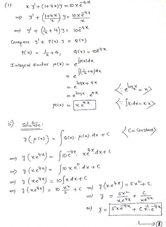 (W xy+(1+4x)4 = 10 xě 4 ~ y +(1+43) y = loxes = y + ( + 4) 9 = 10ete Compare y+ P(x). Y = Q(x) P(x) = +4, Q(x) = loē u d