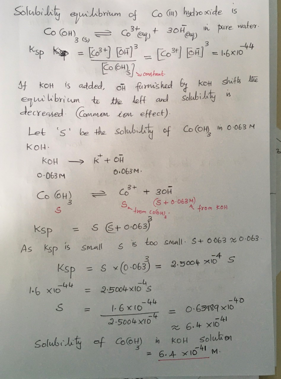 Solubi lity ulabrium of Co Ciu) hydro xide s Co OH) tn pure water + 30H Co 3 S) 3 Ksp -44 Co3O3 Co3A16xIO SConstant f koH IS